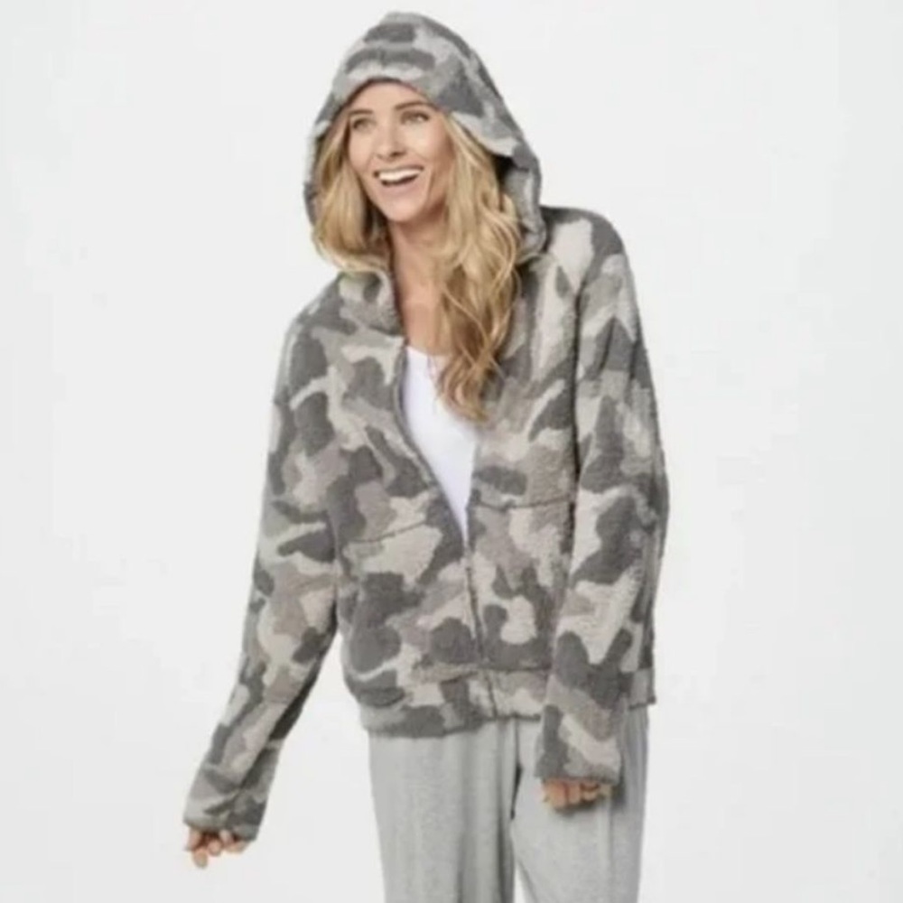 Barefoot Dreams Gray & Cream Camo Teddy Jacket with Hood